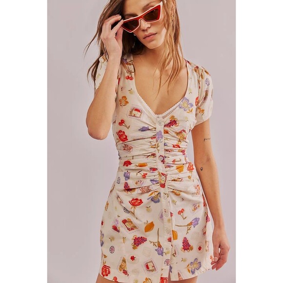 Free People Oakley Mini Dress Buttondown Floral Printed Ruched  A-line L 282634 - Picture 1 of 9